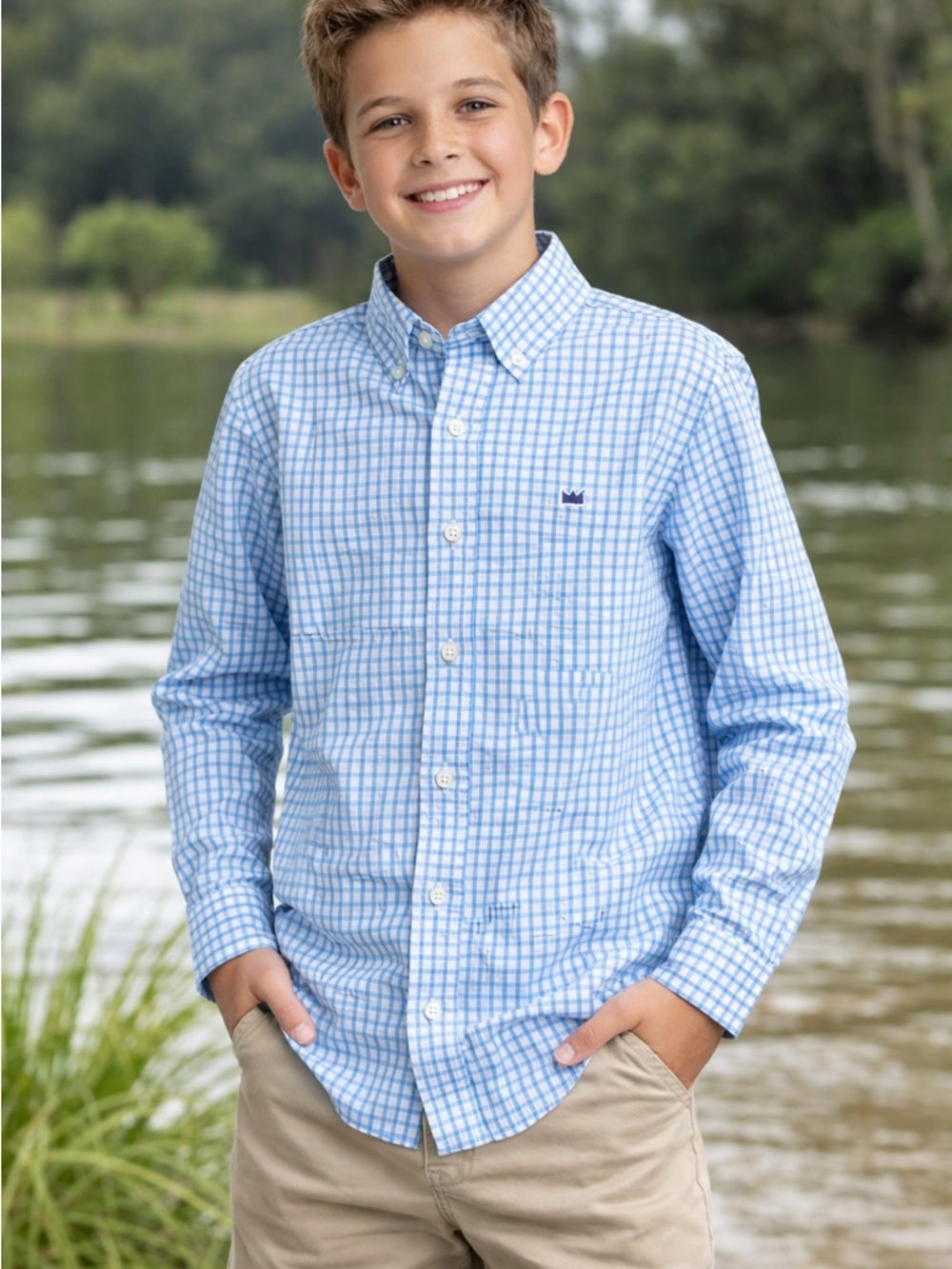 crown & ivy Light Blue Gingham Button-Down Shirt - Picture 2 of 7